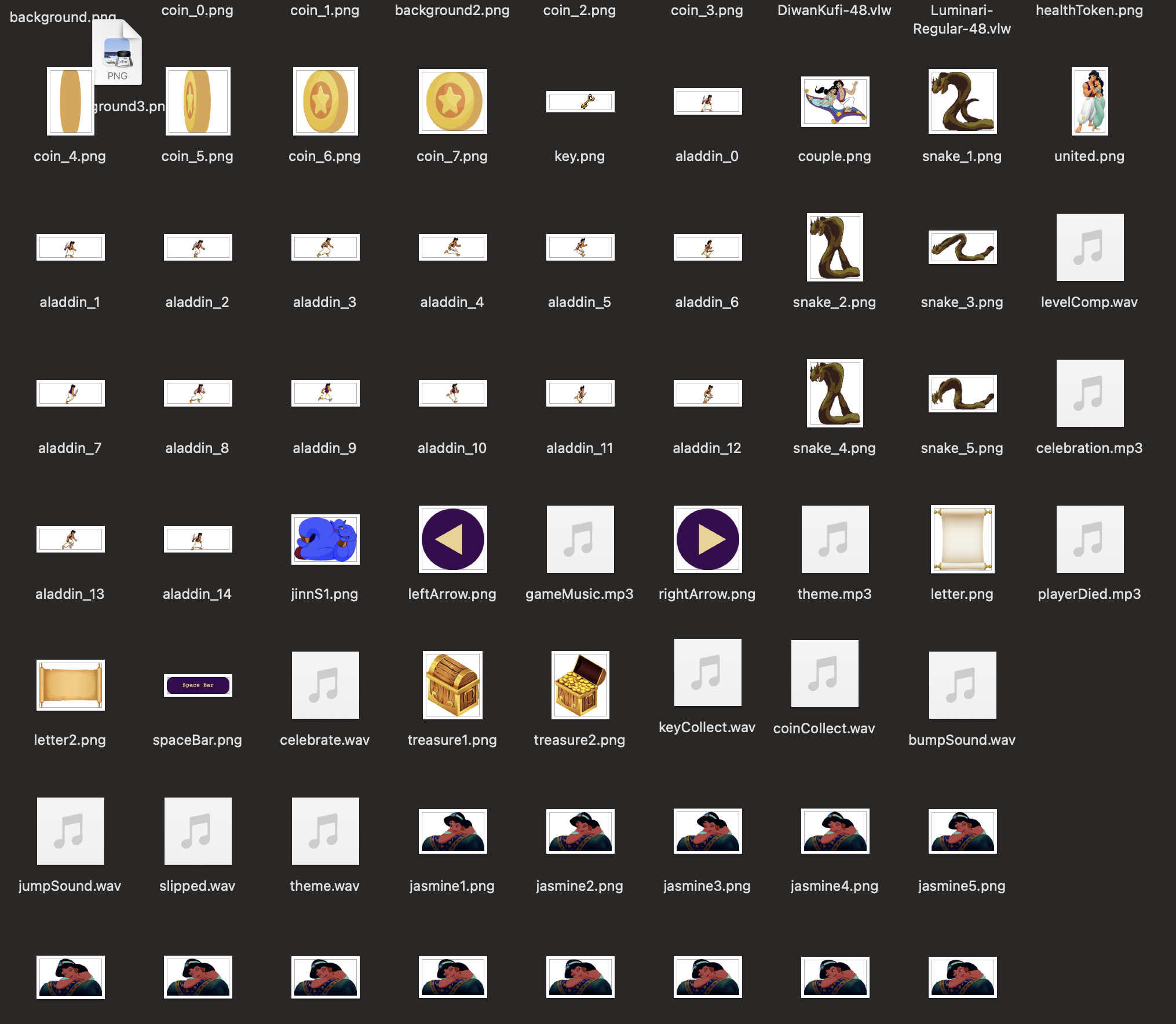 Assets and audio folder showing organized sprites, sequences, and sounds