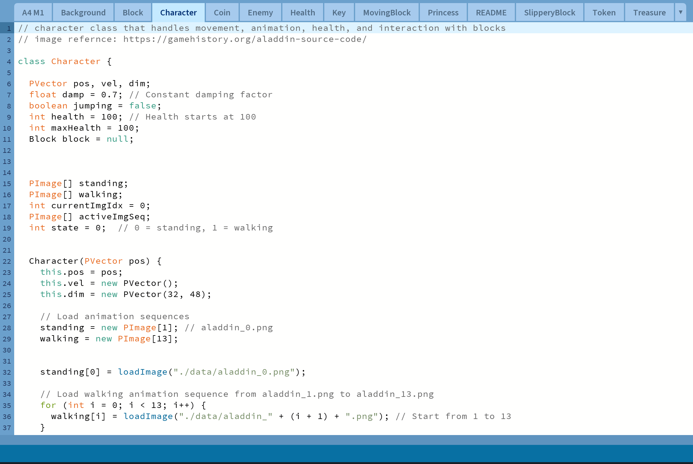 Processing Java code showing the Character class and animation sequence logic