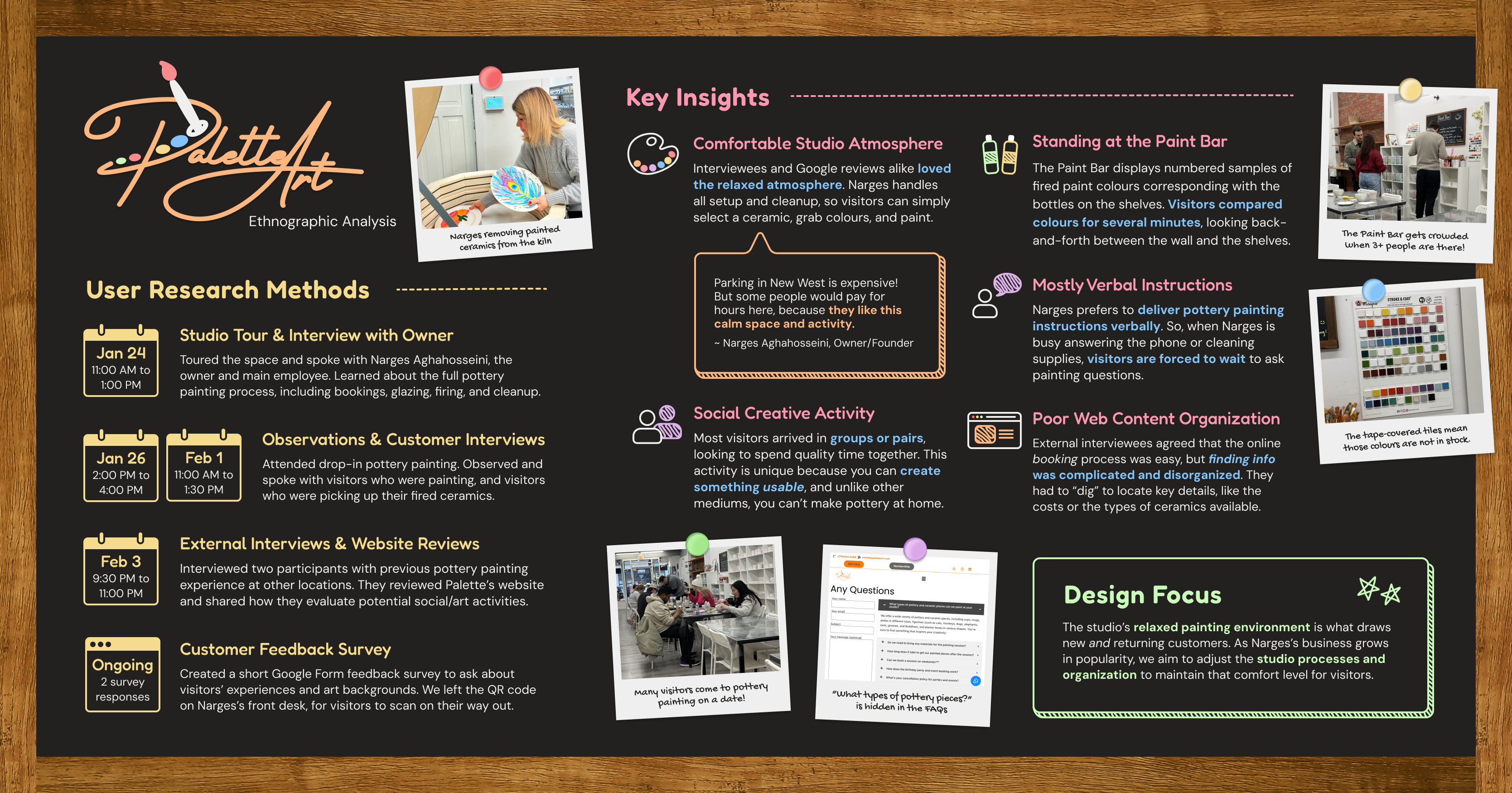 Ethnography poster documenting site visit research methods, data types, and design focus at Palette Art Studio 