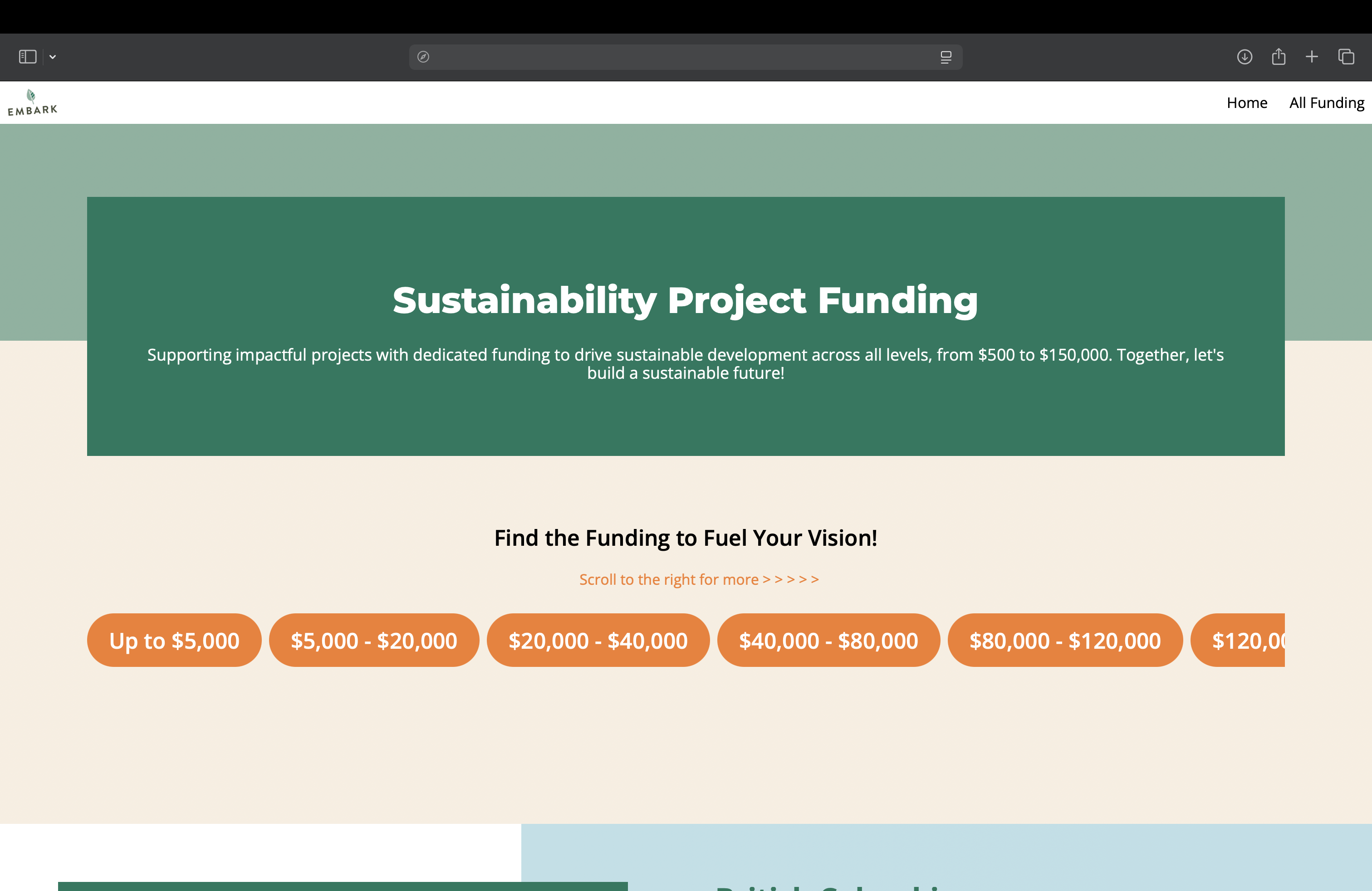 Final styled Embark website showing responsive layout across the funding sections