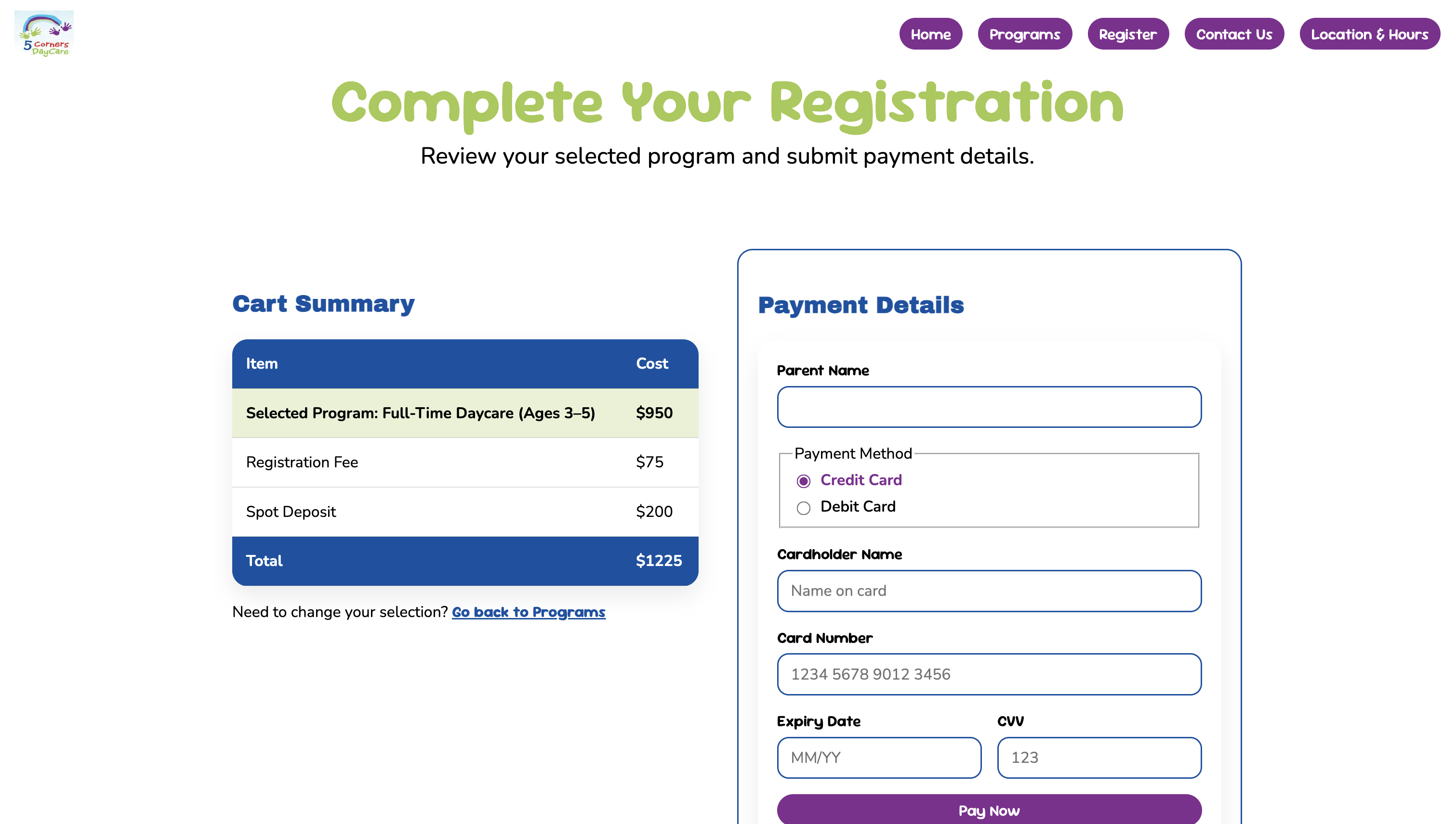 5 Corners Daycare checkout page on desktop showing cart summary and payment form side by side