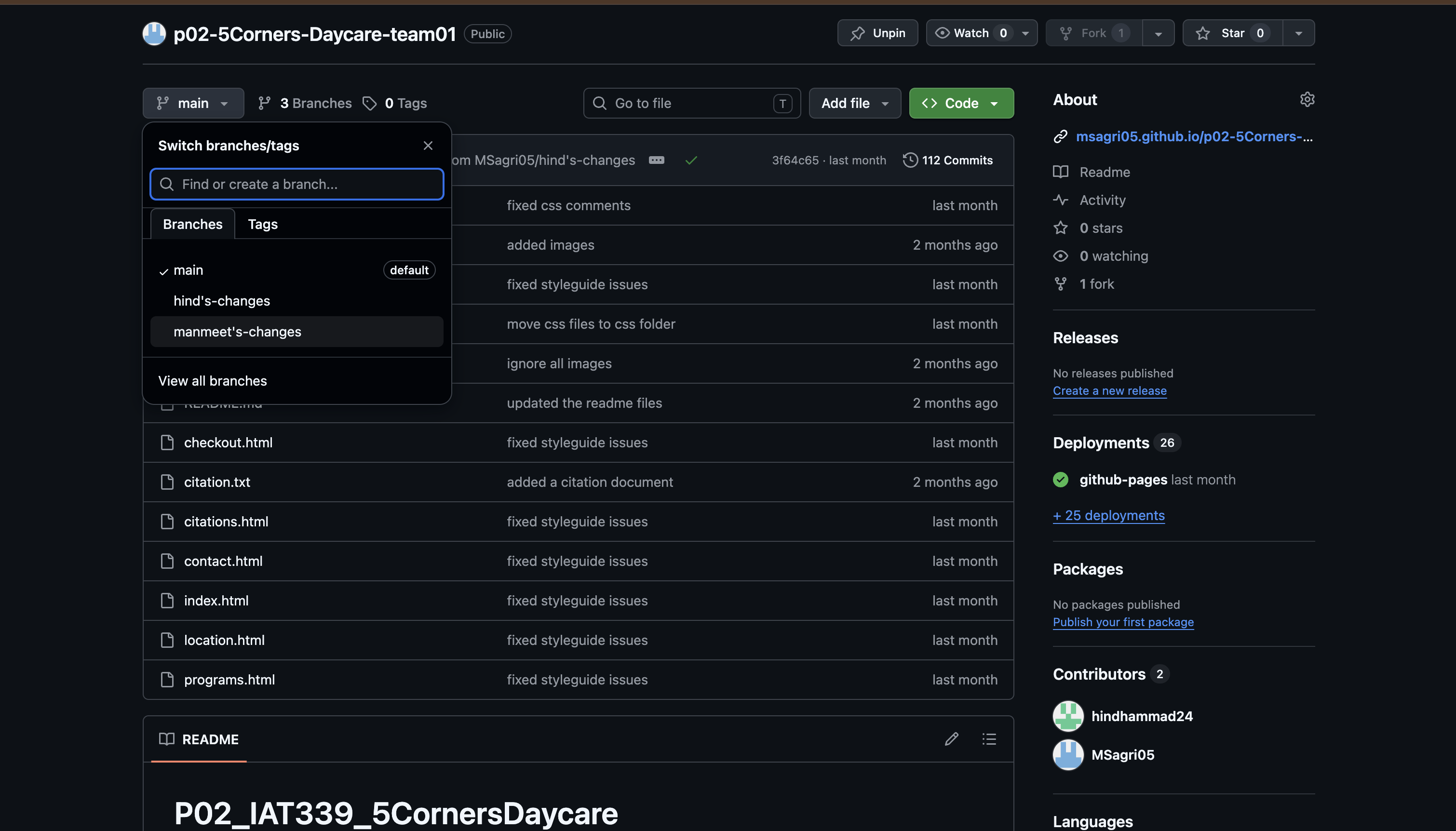 GitHub repository showing individual commits from both team members on separate branches