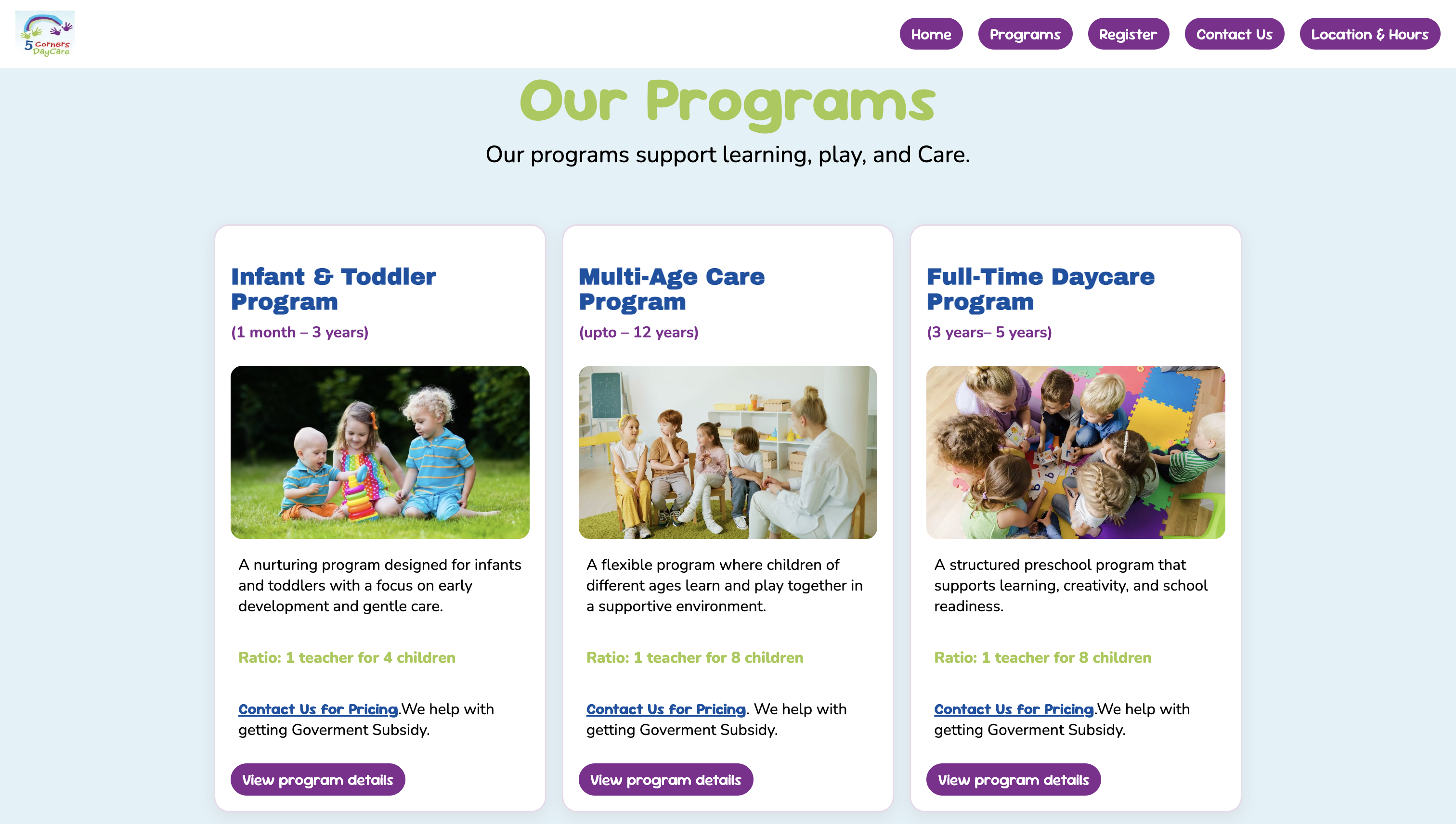 5 Corners Daycare programs page showing three program cards in a responsive grid
