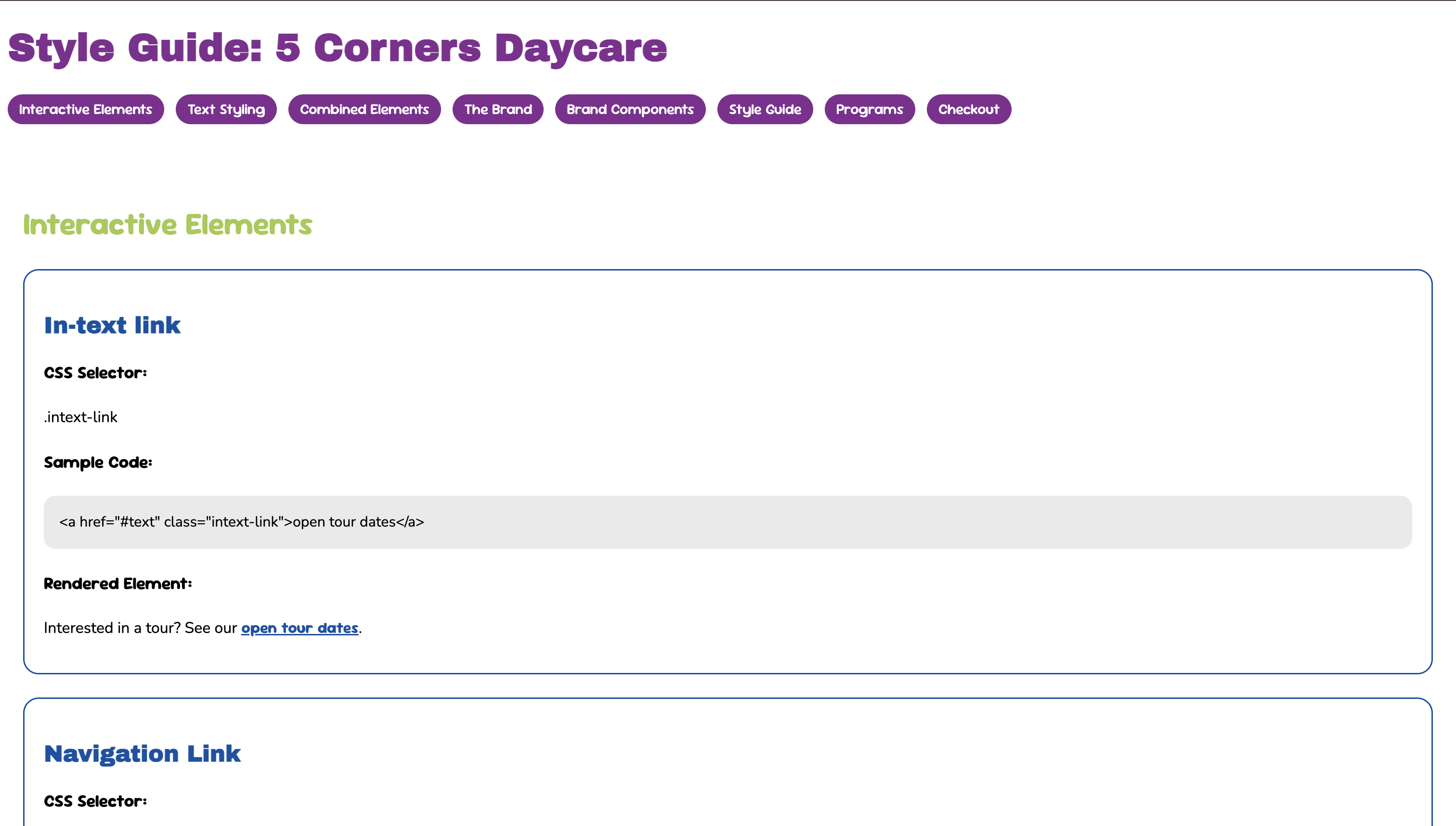 Consolidated style guide for 5 Corners Daycare showing typography, colors, and components