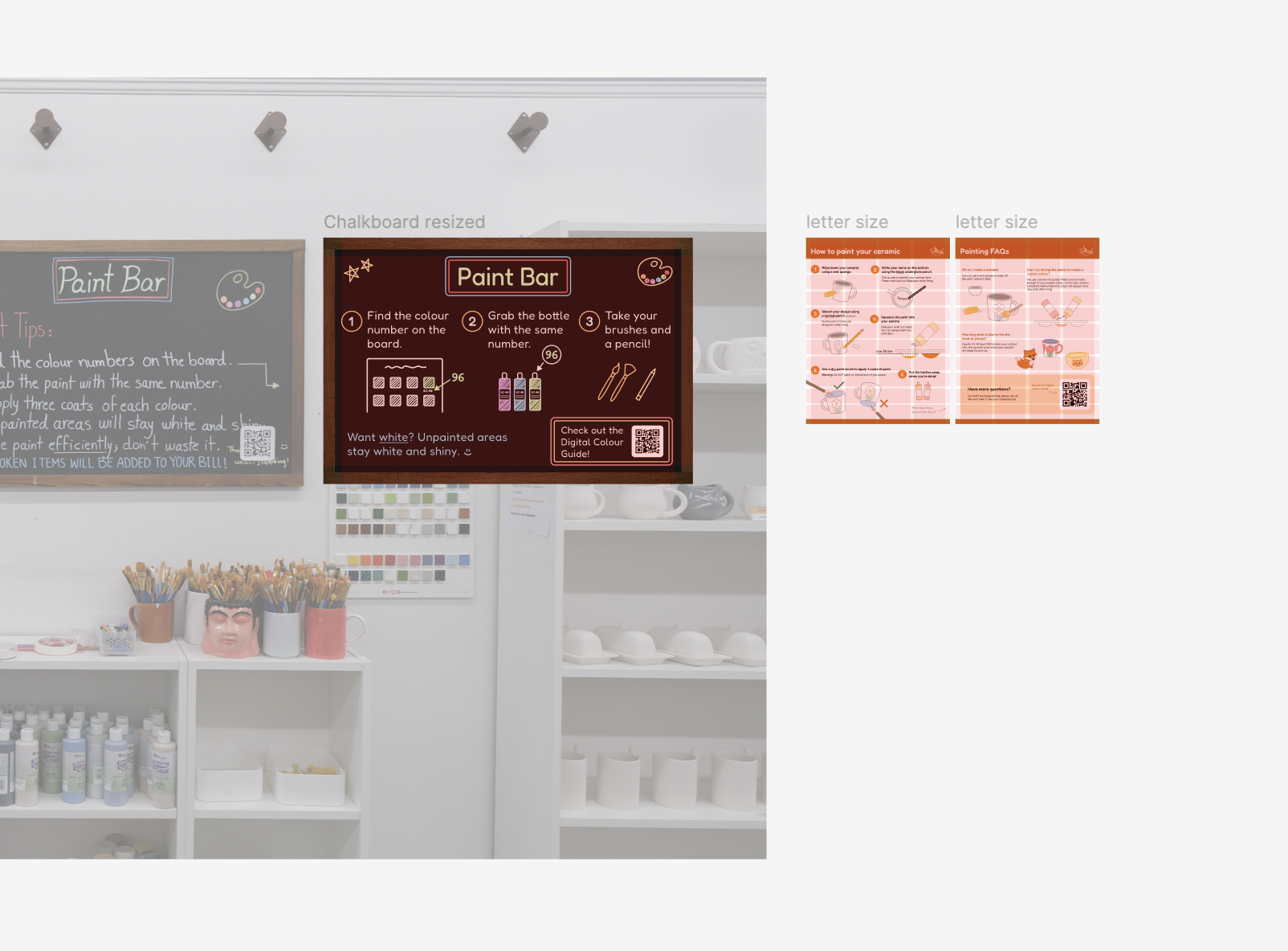 In-progress redesigned Paint Bar chalkboard showing step-by-step glazing instructions