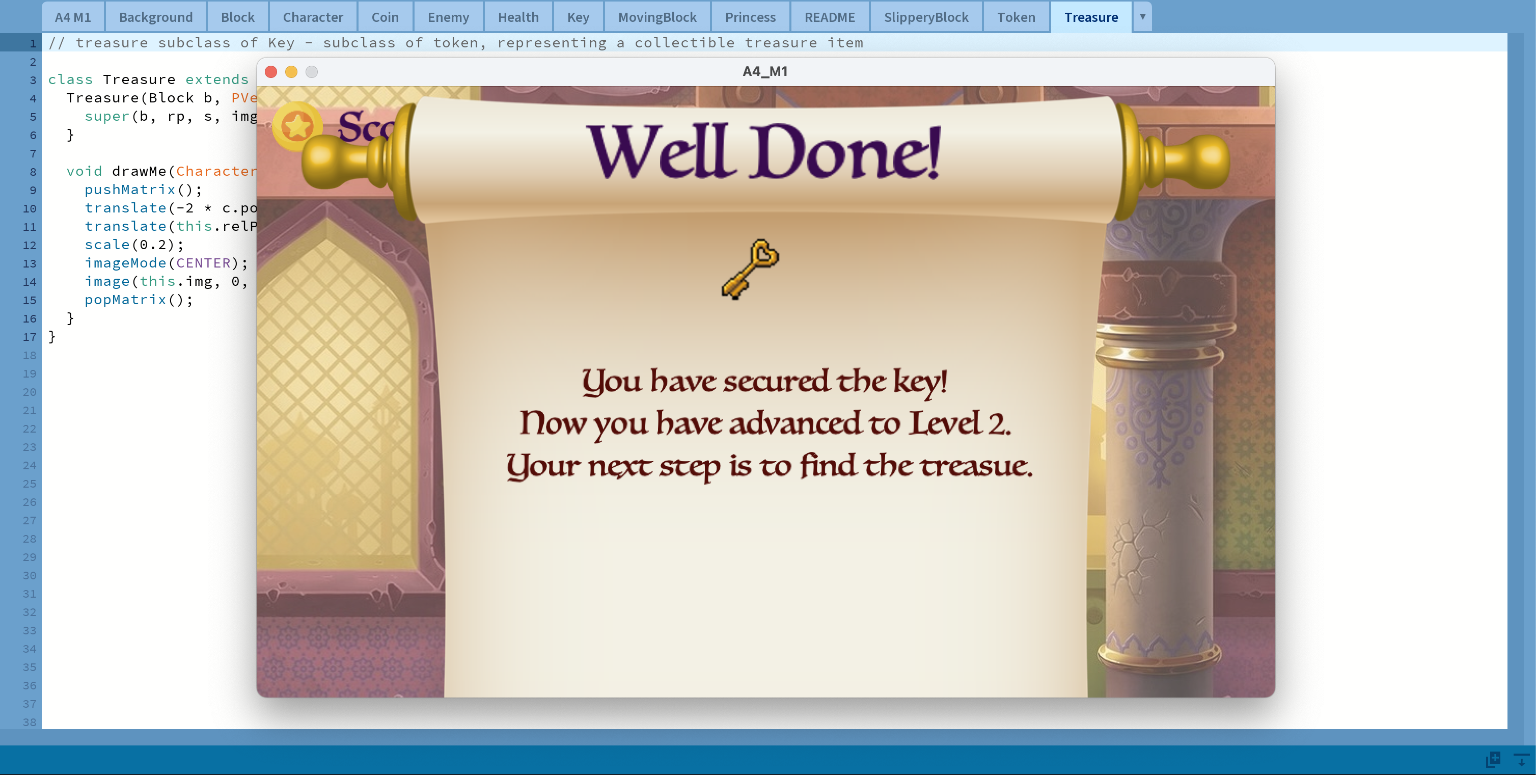 Screen showing a message that user has secured the key and is ready to progress to level 2