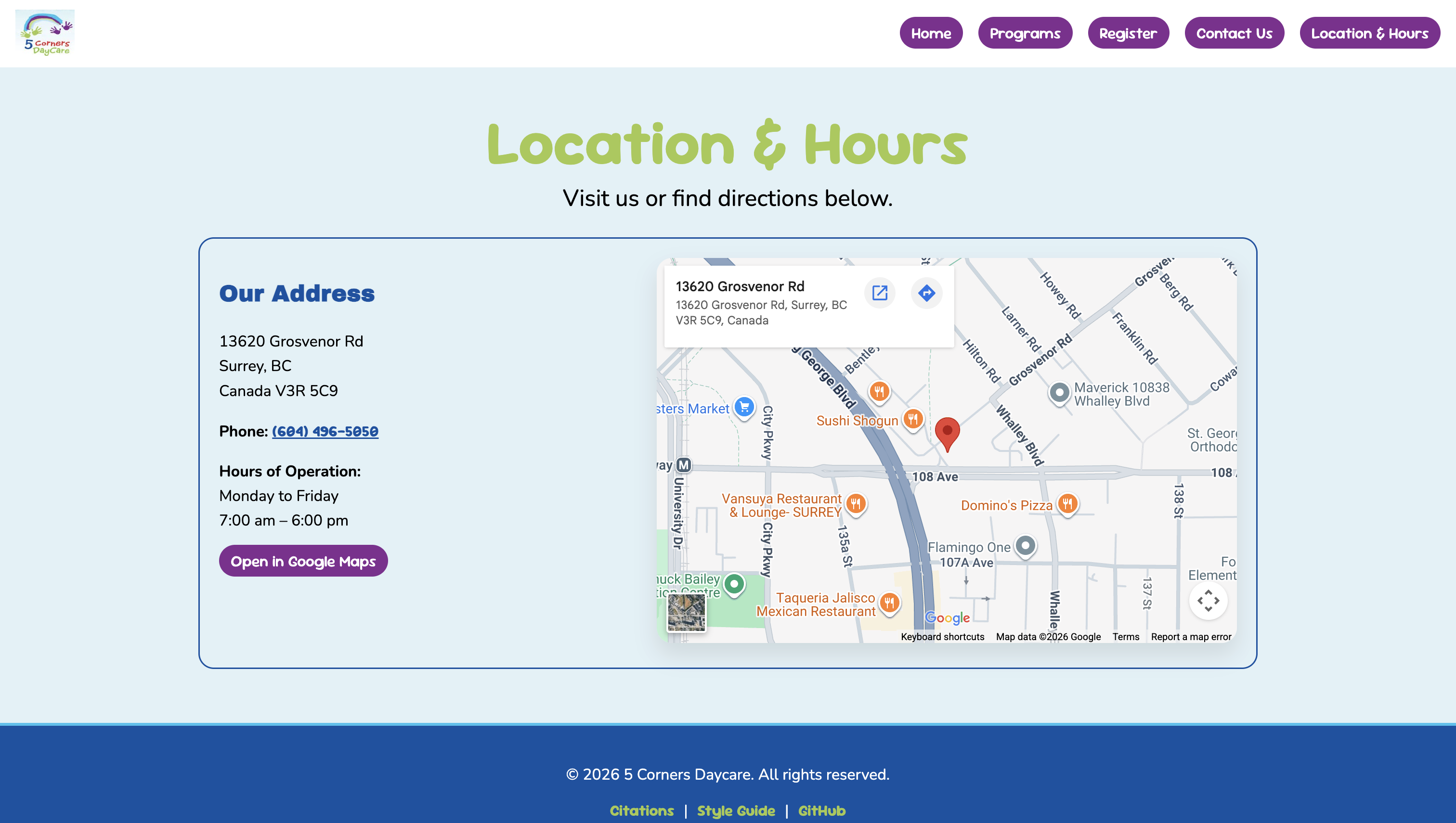 5 Corners Daycare location and hours  page showing map directions using map api