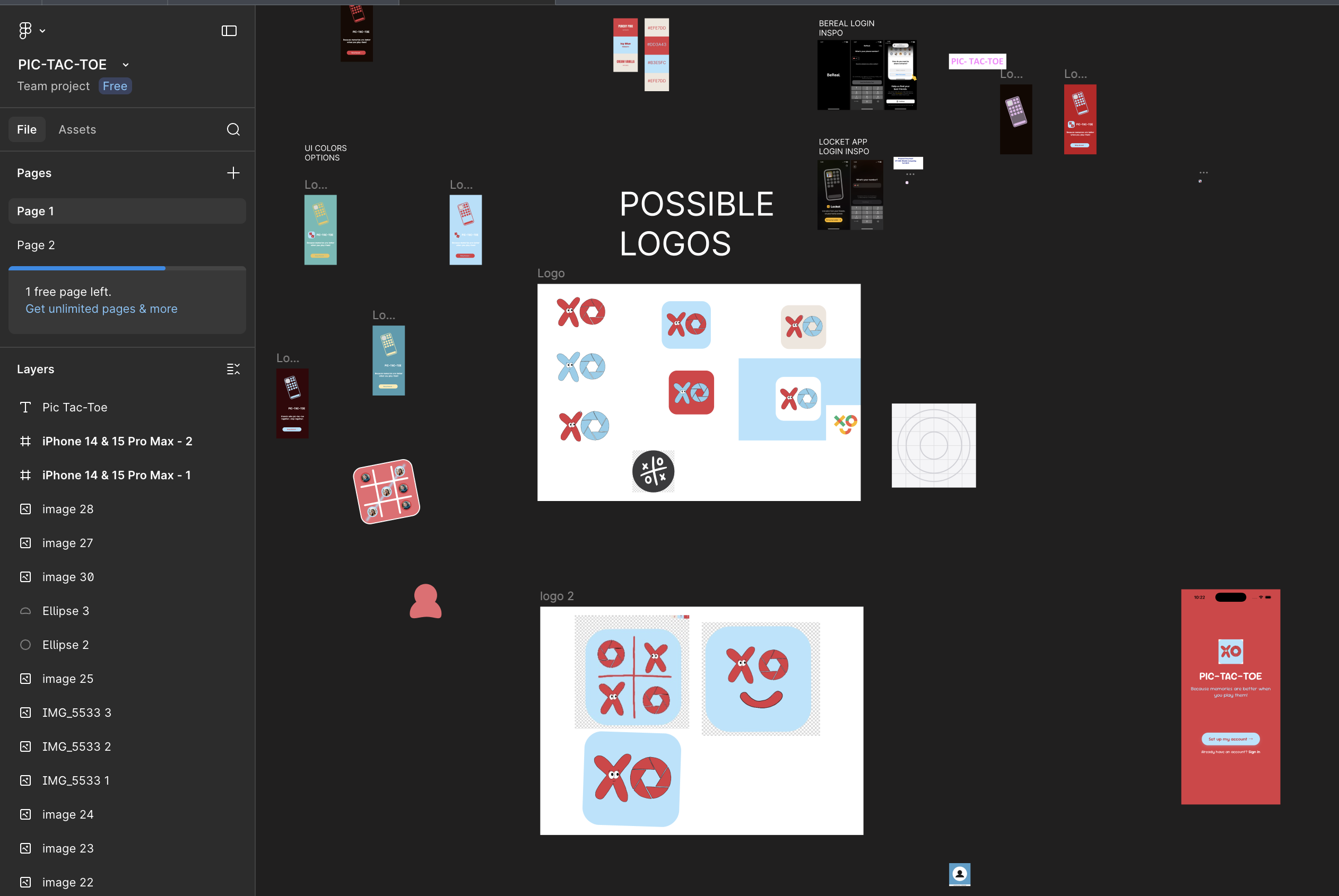 Logo exploration and color palette experiments for Pic-Tac-Toe
