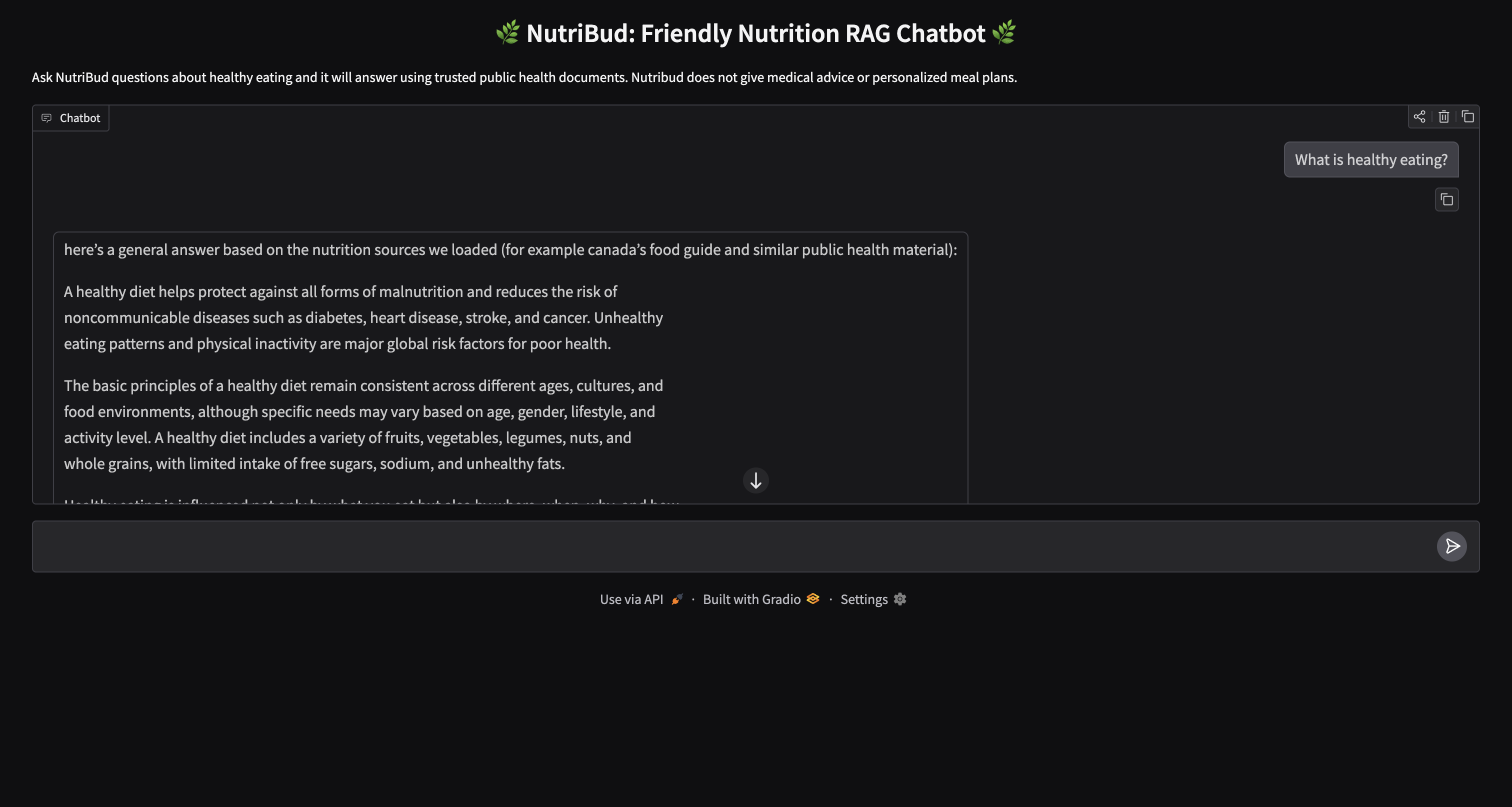 Screenshot of NutriBud RAG chatbot interface