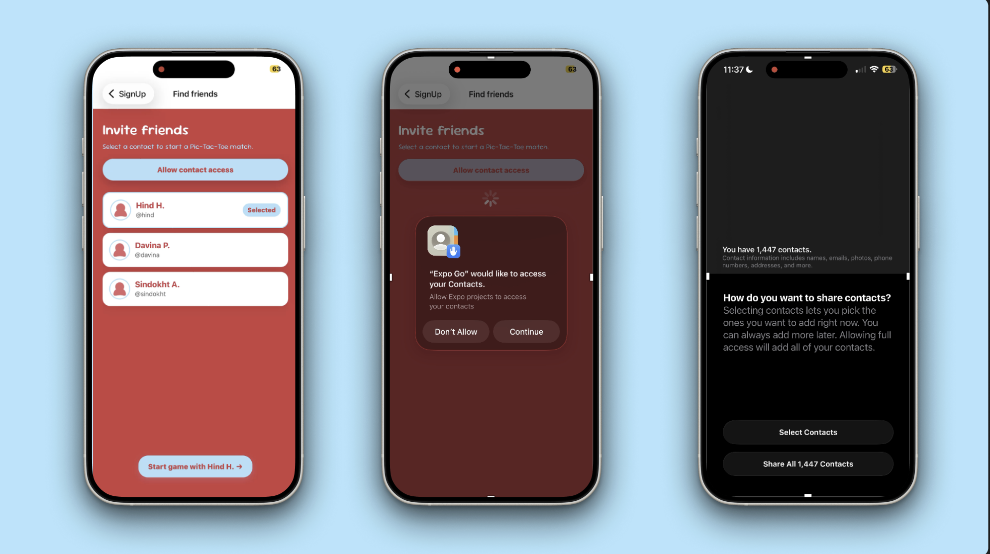 Pic-Tac-Toe find friends screen showing contact list