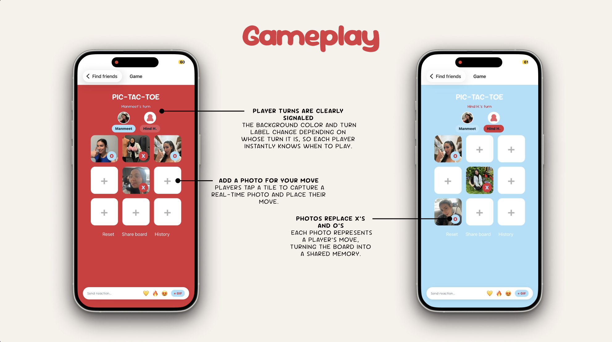 Pic-Tac-Toe game board showing P1's turn with red background and placed photos