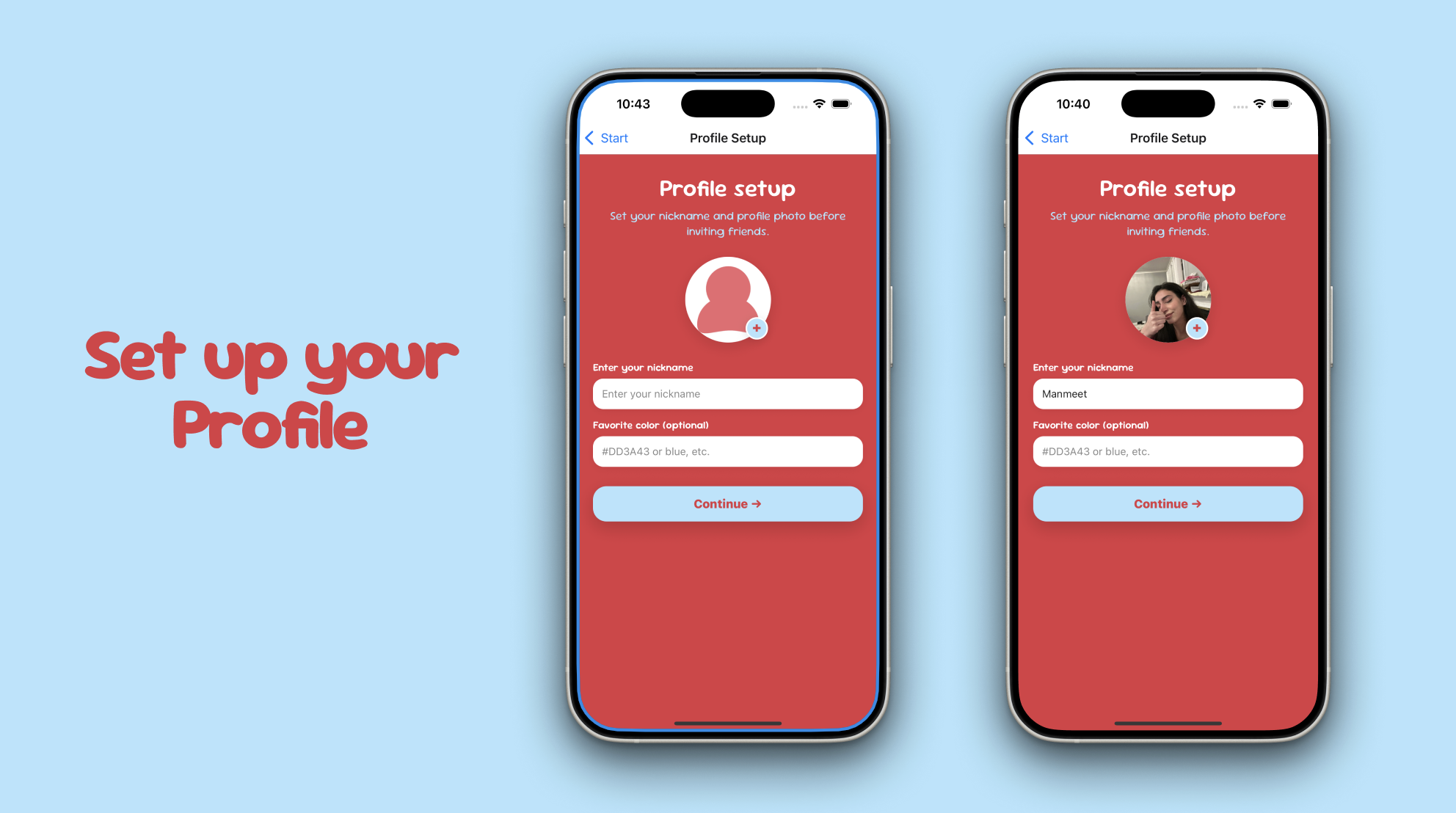 Pic-Tac-Toe profile setup screen with avatar and nickname