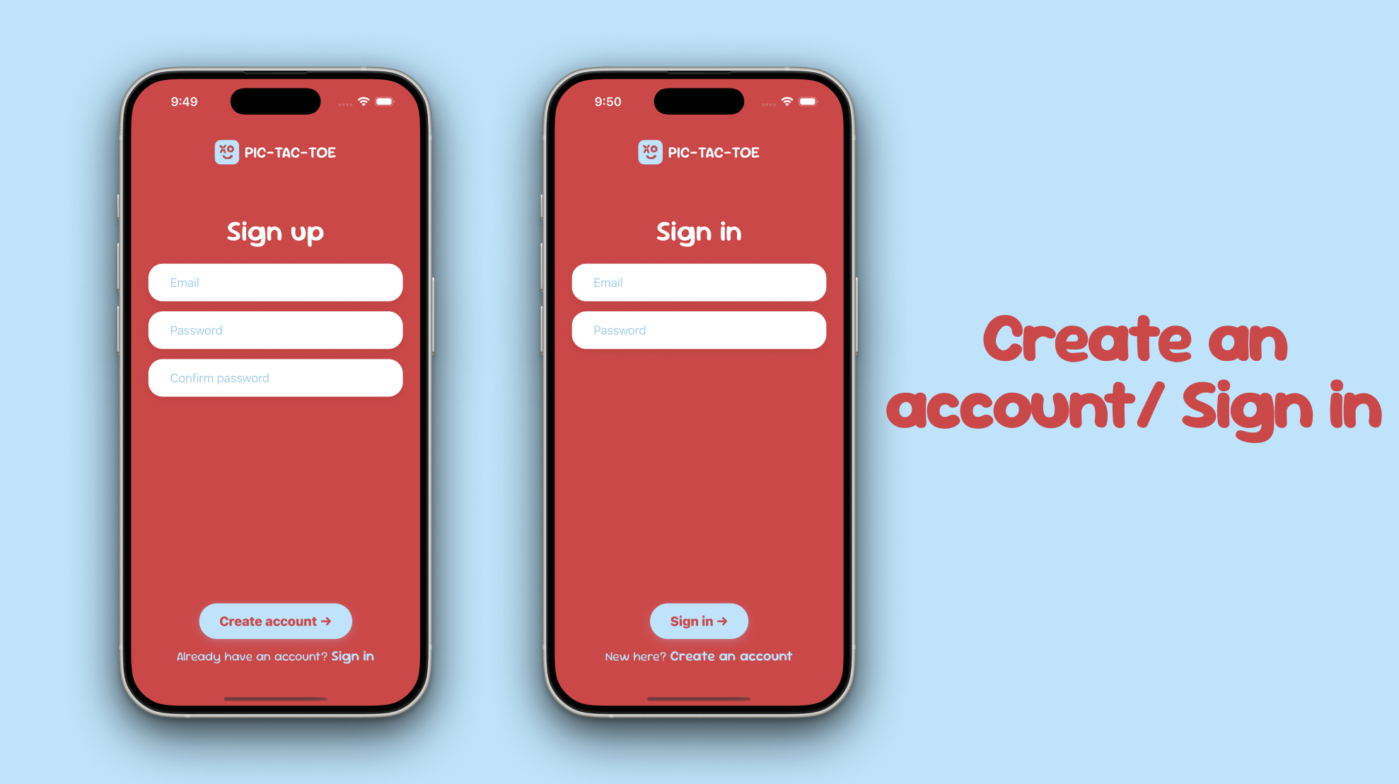 Pic-Tac-Toe sign up screen