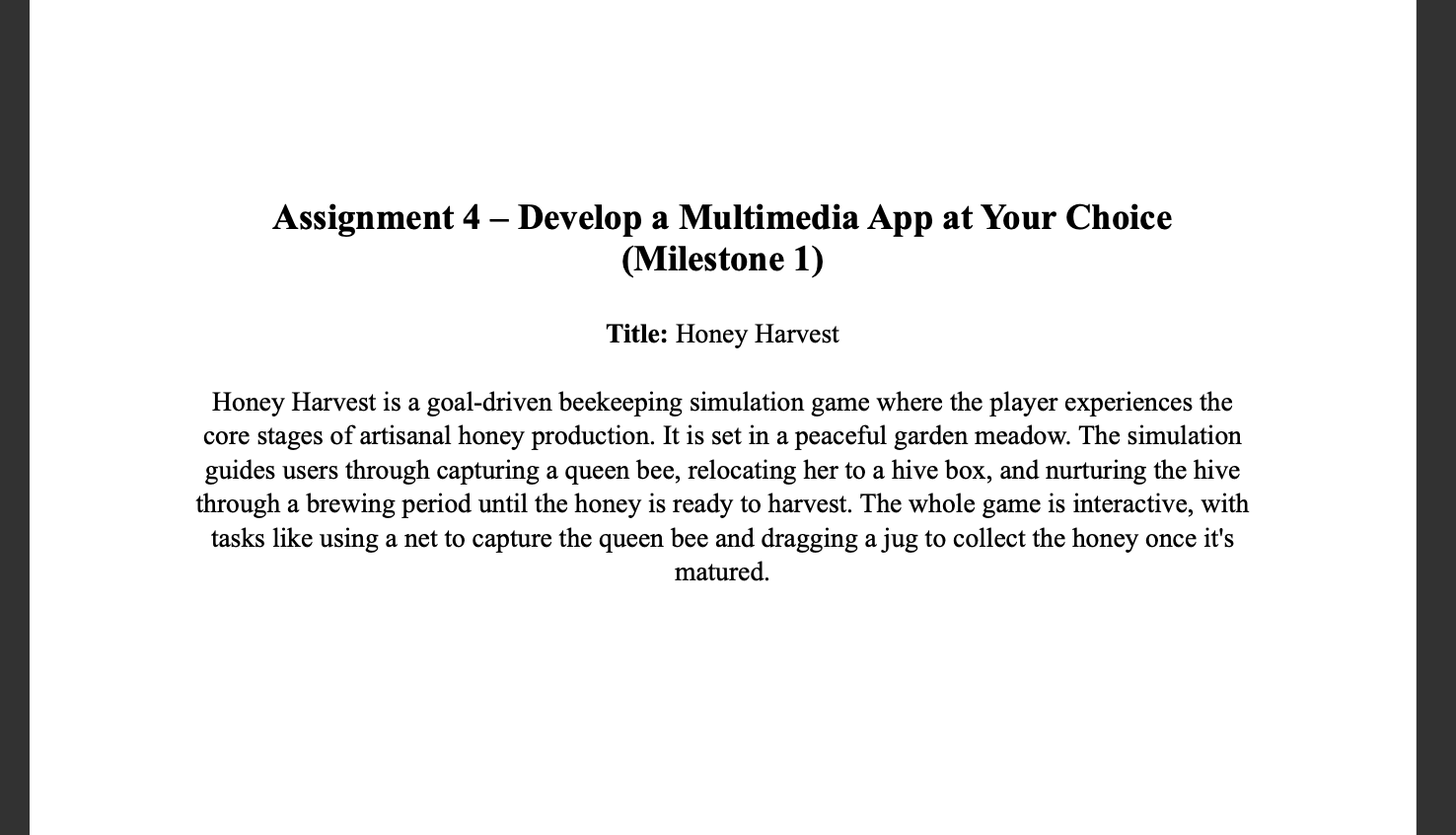 Proposal document outlining the Honey Harvest concept and interaction flow