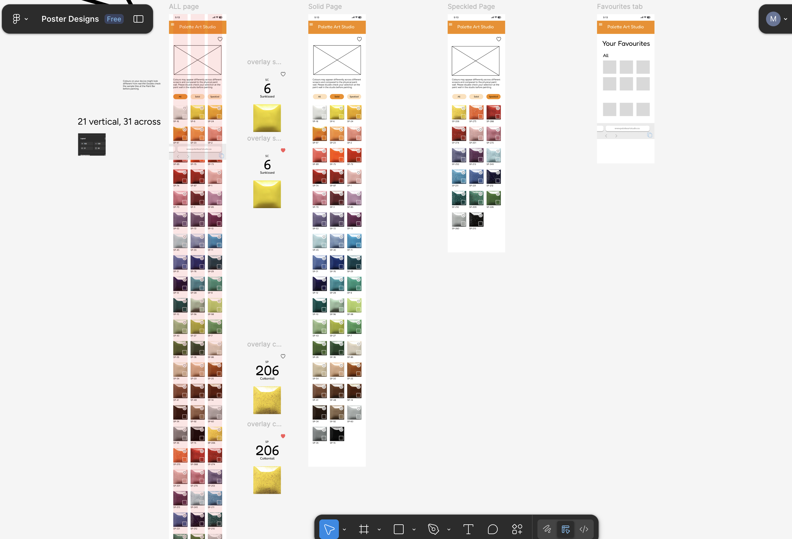 Digital Colour Guide prototype showing mobile colour browsing interface with numbered paint swatches