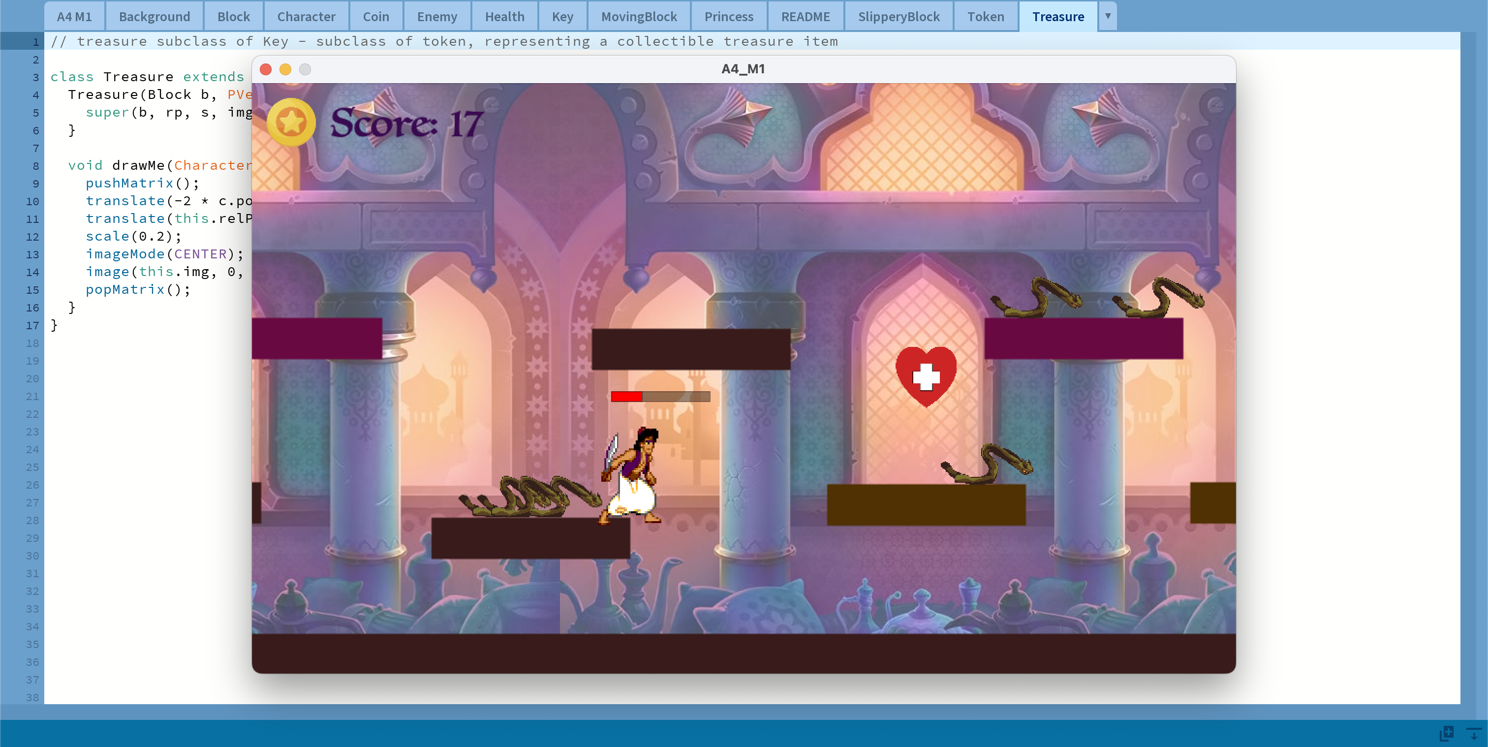 Gameplay screenshot of the next level with enemy snakes on platform