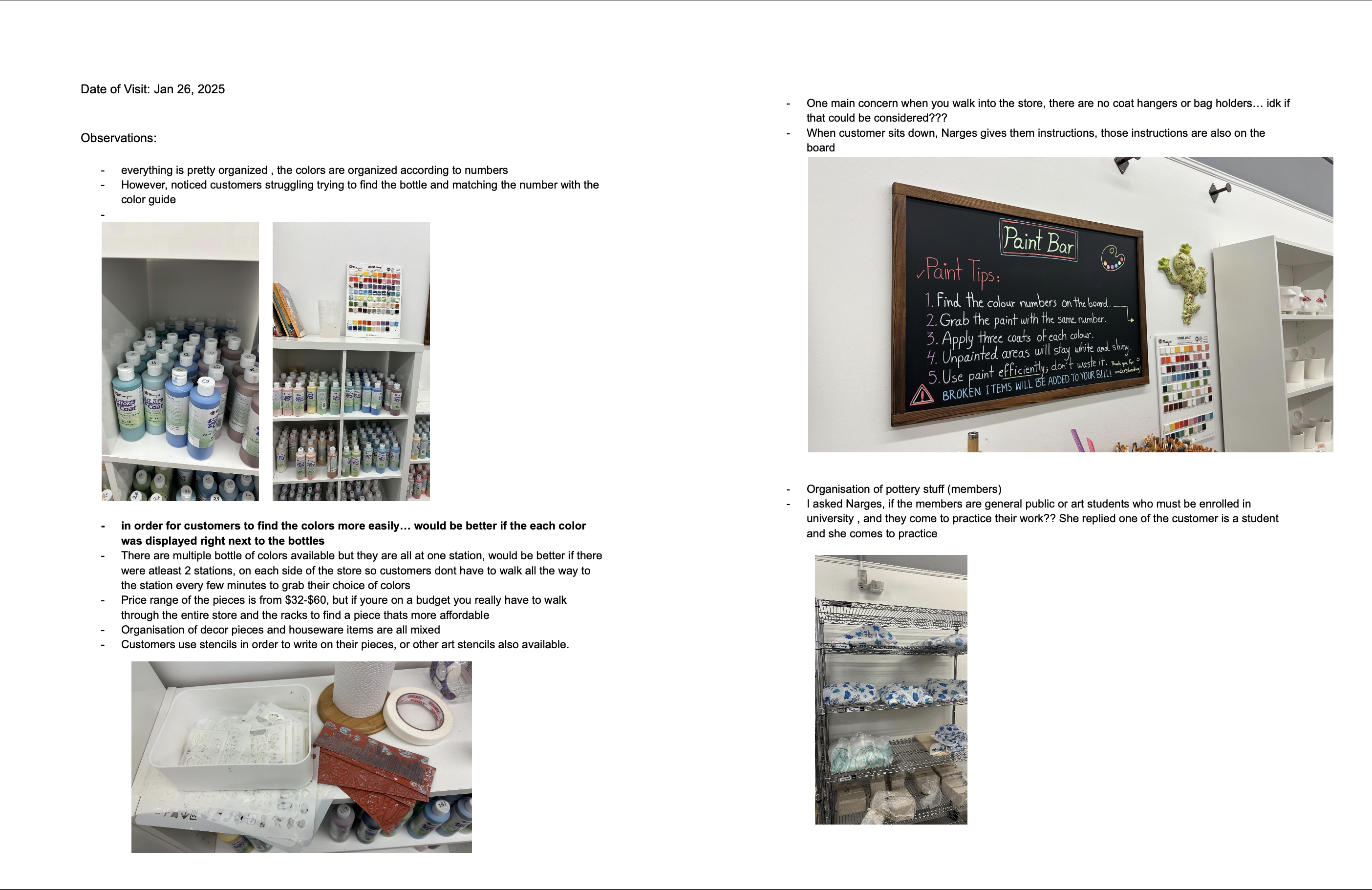 documenting site visit research methods, data types, and design focus at Palette Art Studio